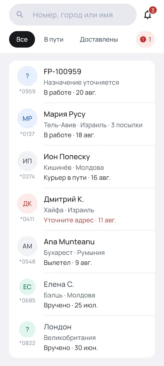 Список посылок с их статусами