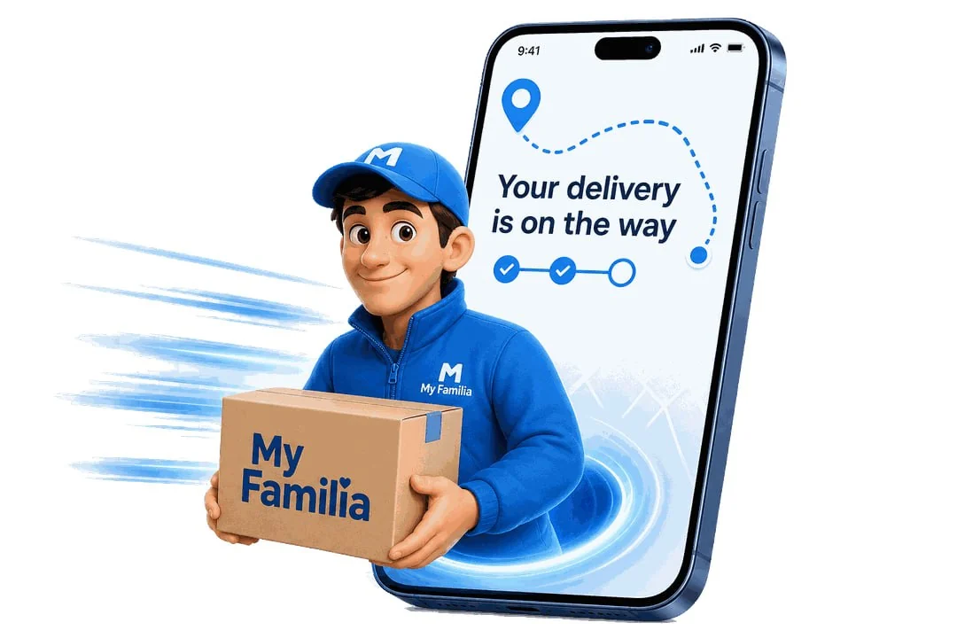 Экран при открытии My Familia: курьер с коробкой и телефон с надписью Your delivery is on the way